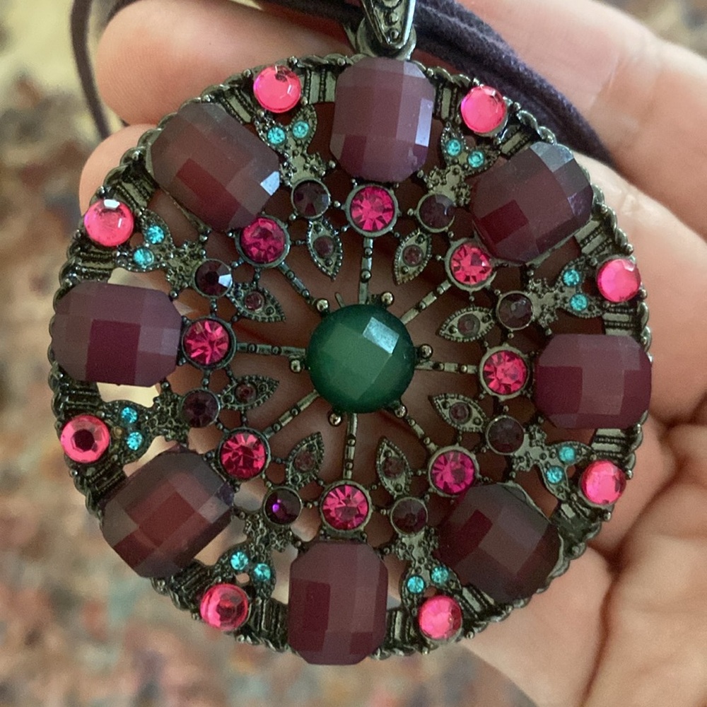 Erica Lyons Necklace Crystal Rhinestone Pendant Gunmetal Filigree “Leather” Cord